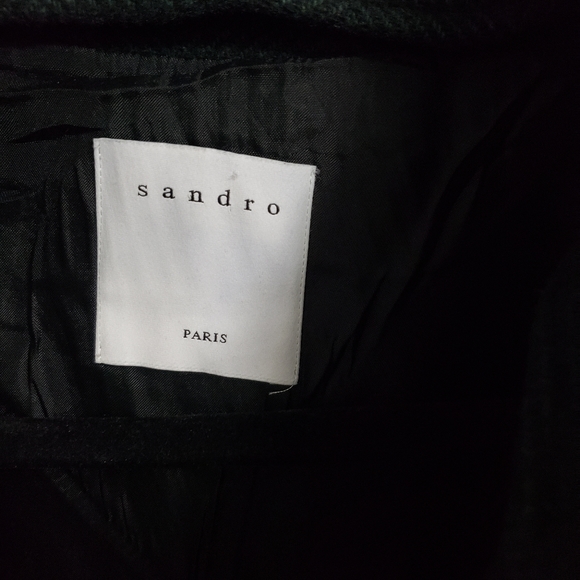 SANDRO Shearling Trim Collar Green Herringbone Wool Aviator Jacket - Picture 9 of 16